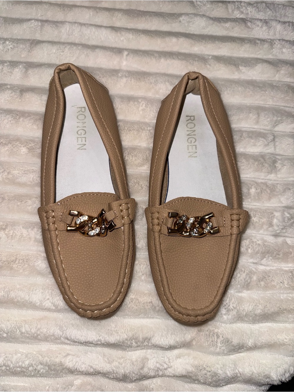 Tan Moccasin Loafers with Decorative Chain